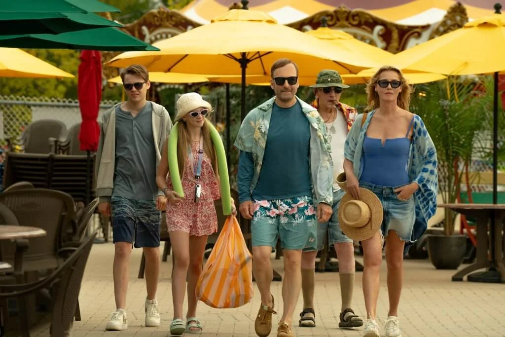 (from left) Brady Mansell (Gage Munroe), Sammy Mansell (Paisley Cadorath), Hutch Mansell (Bob Odenkirk), David Mansell (Christopher Lloyd) and Becca Mansell (Connie Nielsen) in Nobody 2, directed by Timo Tjahjanto.